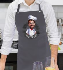 BK Gift Kişiye Özel Erkek Master Chef Karikatürlü Profesyonel Antrasit Mutfak Önlüğü, Aşçı Önlüğü, Şef Önlüğü, Arkadaşa Hediye-1