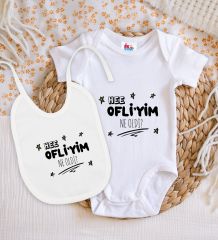 BK Kids Ofliyim Ne Oldi Tasarımlı Beyaz Bebek Body Zıbın ve Mama Önlüğü Hediye Seti-1