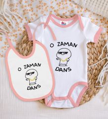 BK Kids O Zaman Dans Tasarımlı Pembe Bebek Body Zıbın ve Mama Önlüğü Hediye Seti-1