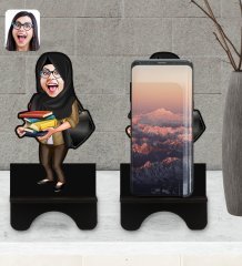 Kişiye Özel Tesettürlü Kadın Öğretmen Karikatürlü Ahşap Biblo Telefon Standı-2