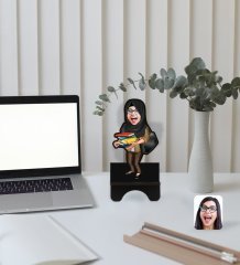 Kişiye Özel Tesettürlü Kadın Öğretmen Karikatürlü Ahşap Biblo Telefon Standı-2