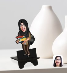 Kişiye Özel Tesettürlü Kadın Öğretmen Karikatürlü Ahşap Biblo Telefon Standı-2