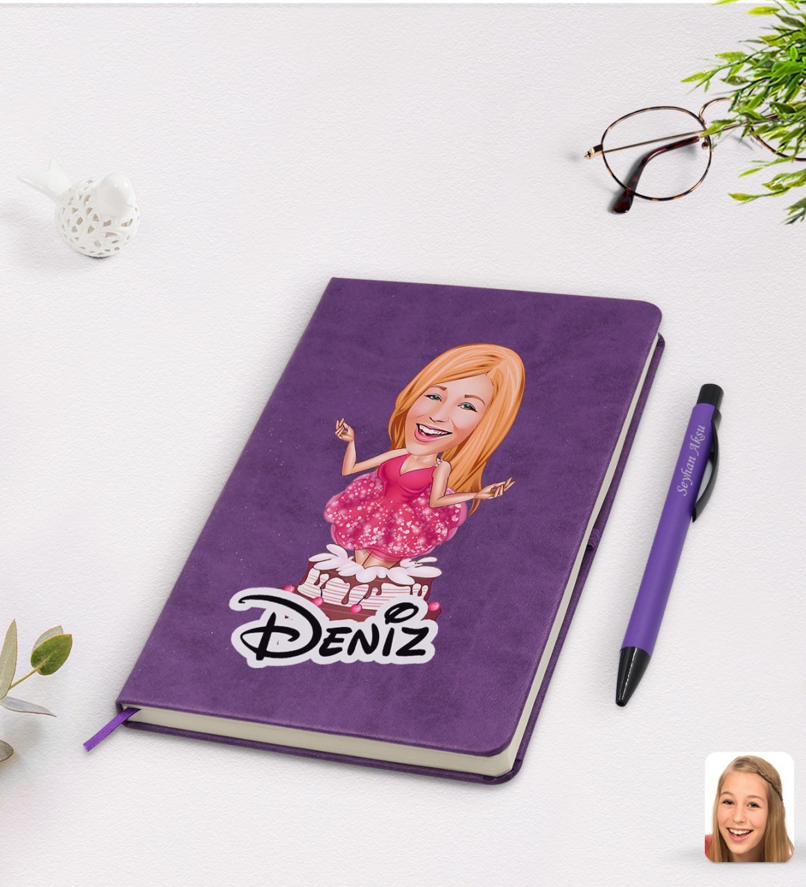 Kişiye Özel Kadın Doğum Günü Karikatürlü Mor Termo Deri Defter Kalem Seti Model 1