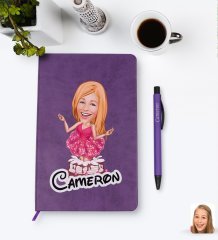 Kişiye Özel Kadın Doğum Günü Karikatürlü Mor Termo Deri Defter Kalem Seti Model 1