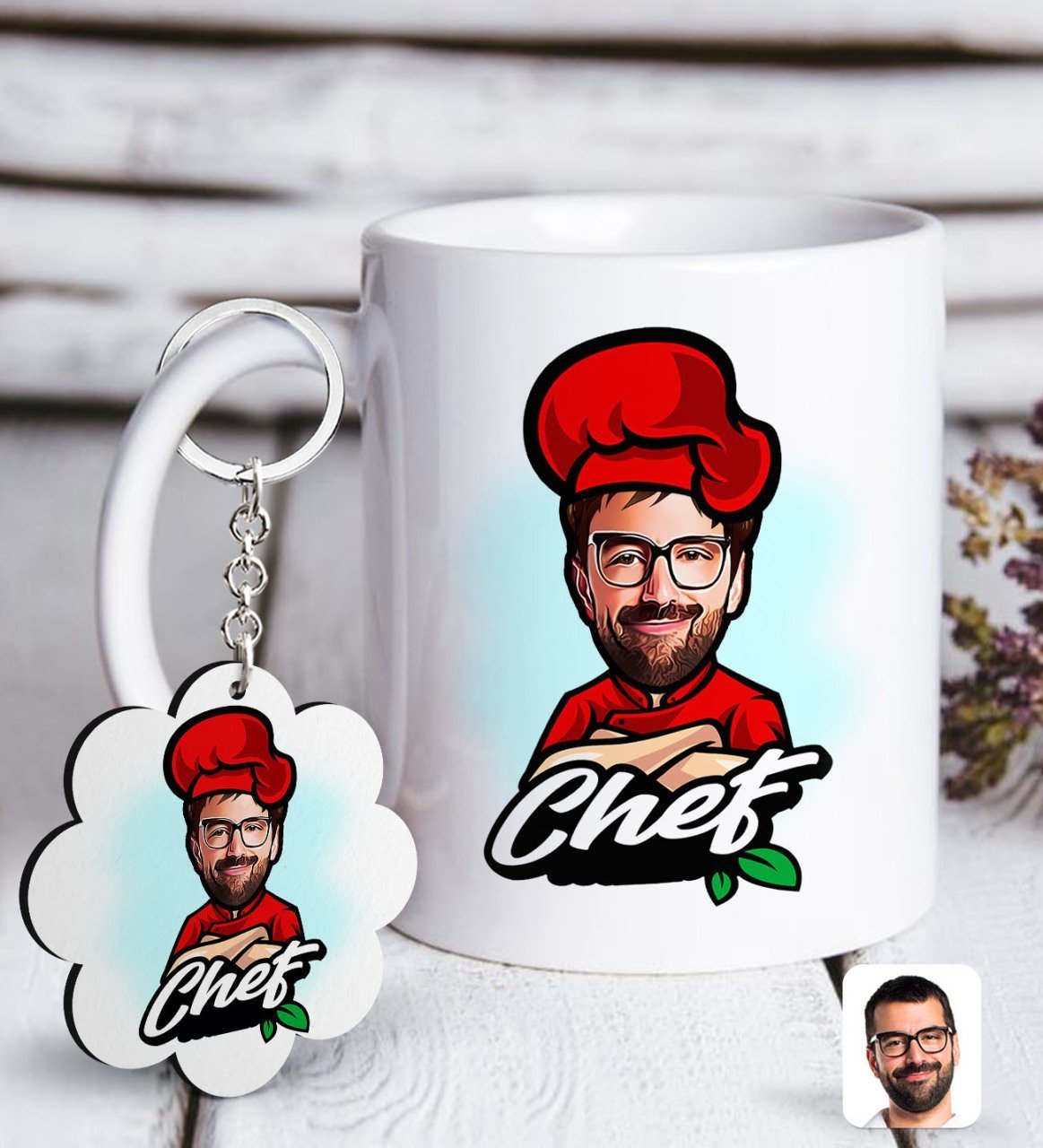 Kişiye Özel Erkek Chef Karikatürlü Beyaz Kupa ve Anahtarlık Hediye Seti-10