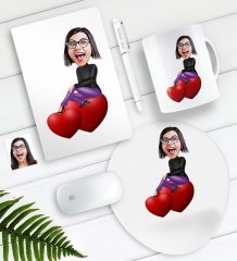 Kişiye Özel Bayan Karikatürlü Defter Kalem Kupa Mouse Pad Seti-2