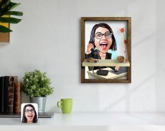 Kişiye Özel Kadın Asistan Karikatürlü Doğal Masif Ahşap Çerçeveli Tablo Duvar Rafı-1
