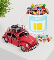 Kişiye Özel Doğum Günü Takvim Plakalı Nostaljik Kırmızı Metal Vosvos ve Kupa Haribo Şeker Seti-6
