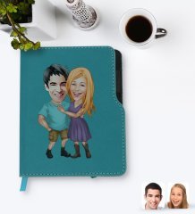 Kişiye Özel Sevgililer Karikatürlü Turkuaz Termo Deri Defter-80
