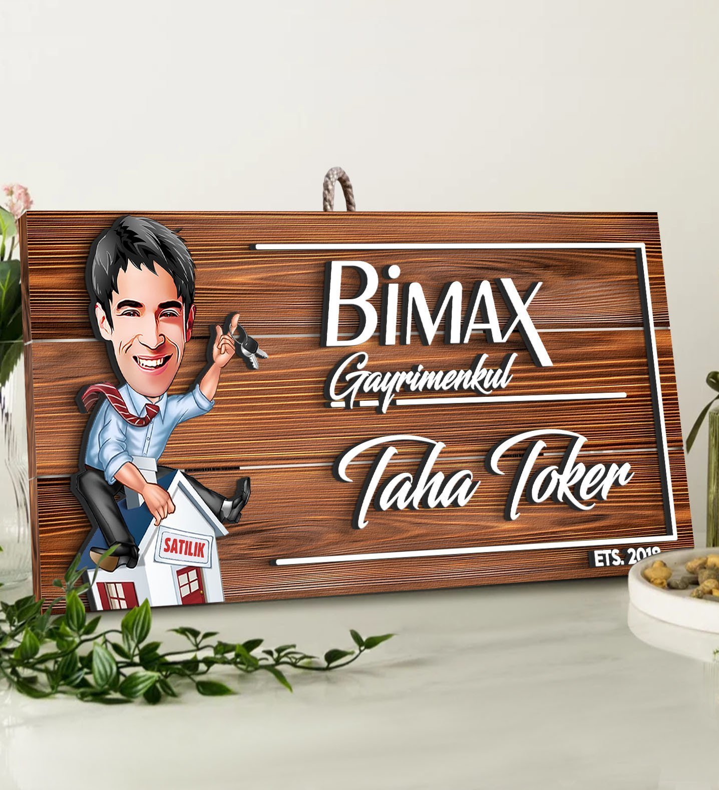 BK Gift Kişiye Özel Gayrimenkul Karikatürlü Dekoratif Ahşap Tabela-2