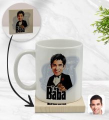Kişiye Özel Baba Godfather Karikatürlü Beyaz Kupa Bardak ve Ahşap Bardak Altlığı Hediye Seti - Model 4