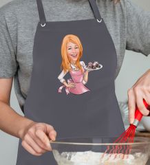 BK Gift Kişiye Özel Kadın Aşçı Karikatürlü Profesyonel Antrasit Mutfak Önlüğü, Aşçı Önlüğü, Şef Önlüğü, Arkadaşa Hediye-4