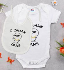 BK Kids O Zaman Dans Tasarımlı Beyaz Bebek Body Zıbın ve Mama Önlüğü Hediye Seti-1
