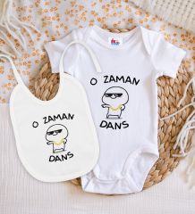 BK Kids O Zaman Dans Tasarımlı Beyaz Bebek Body Zıbın ve Mama Önlüğü Hediye Seti-1