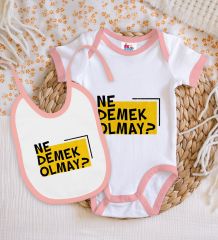 BK Kids Ne Demek Olmay Tasarımlı Pembe Bebek Body Zıbın ve Mama Önlüğü Hediye Seti-1
