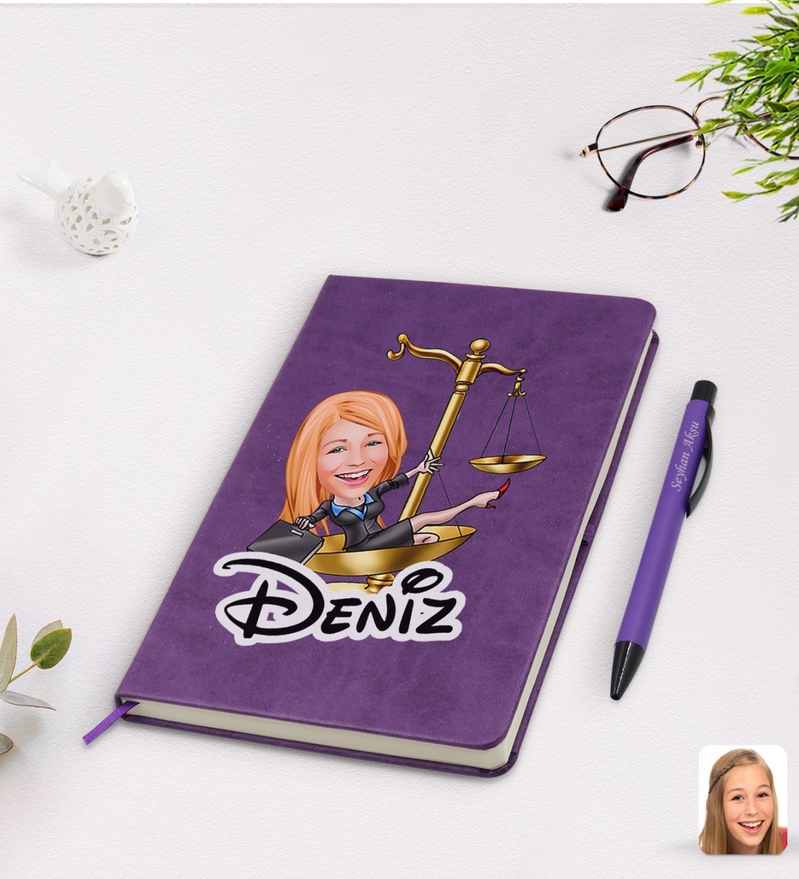 Kişiye Özel Kadın Avukat Karikatürlü Mor Termo Deri Defter Kalem Seti Model 4