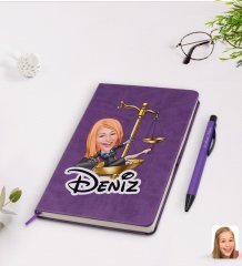 Kişiye Özel Kadın Avukat Karikatürlü Mor Termo Deri Defter Kalem Seti Model 4