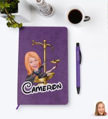 Kişiye Özel Kadın Avukat Karikatürlü Mor Termo Deri Defter Kalem Seti Model 4