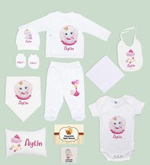 BK Kids Kişiye Özel 11 Parça Beyaz Hastane Çıkışı Body Zıbın Battaniye ve Yastık Hediye Seti-4