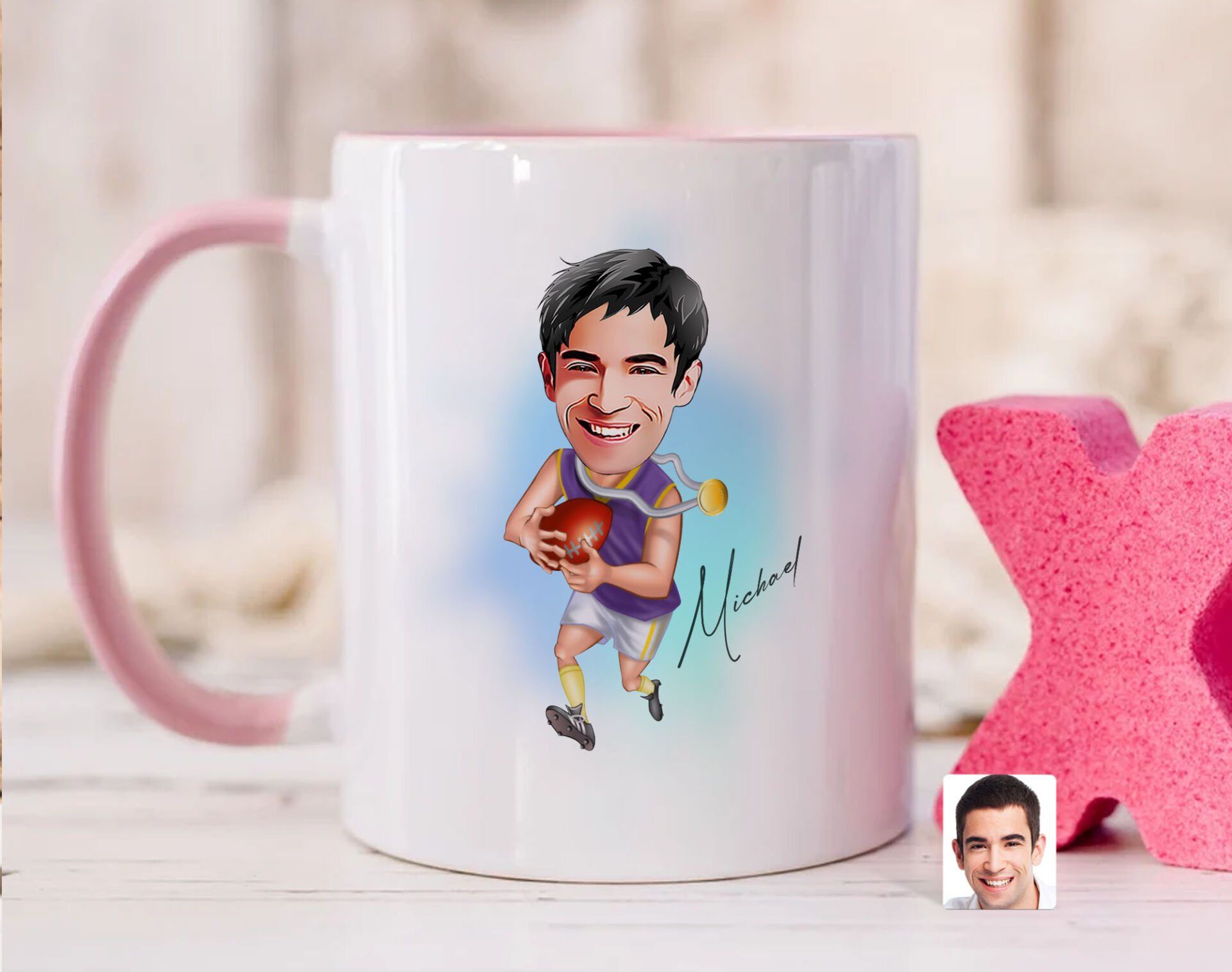 Bk Gift Kişiye Özel Amerikan Futbolcusu Karikatürlü Pembe Kupa Bardak-11, Sevgiliye Hediye, Arkadaşa Hediye