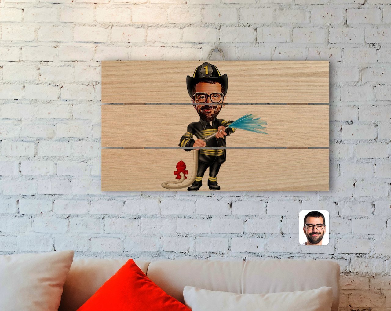 Kişiye Özel Erkek İtfaiyeci Karikatürlü Otantik Ahşap Palet Tablo-1