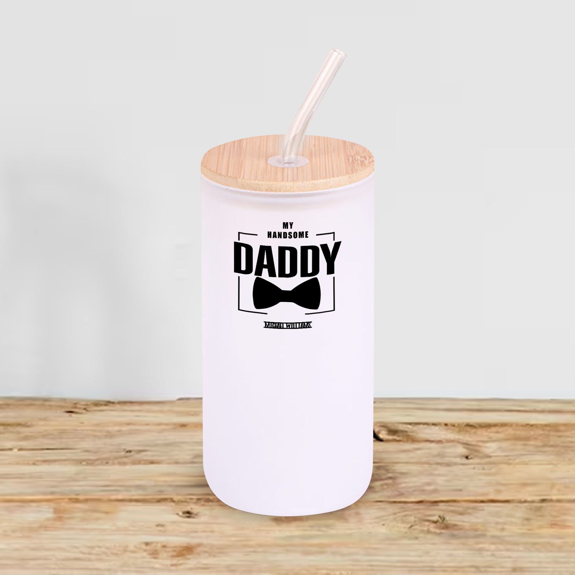 BK Gift İsimli Dad Tasarımlı Beyaz Renk Pipetli Buzlu Cam Bardak 600ml - 2, Babaya Hediye, Doğum Günü Hediyesi