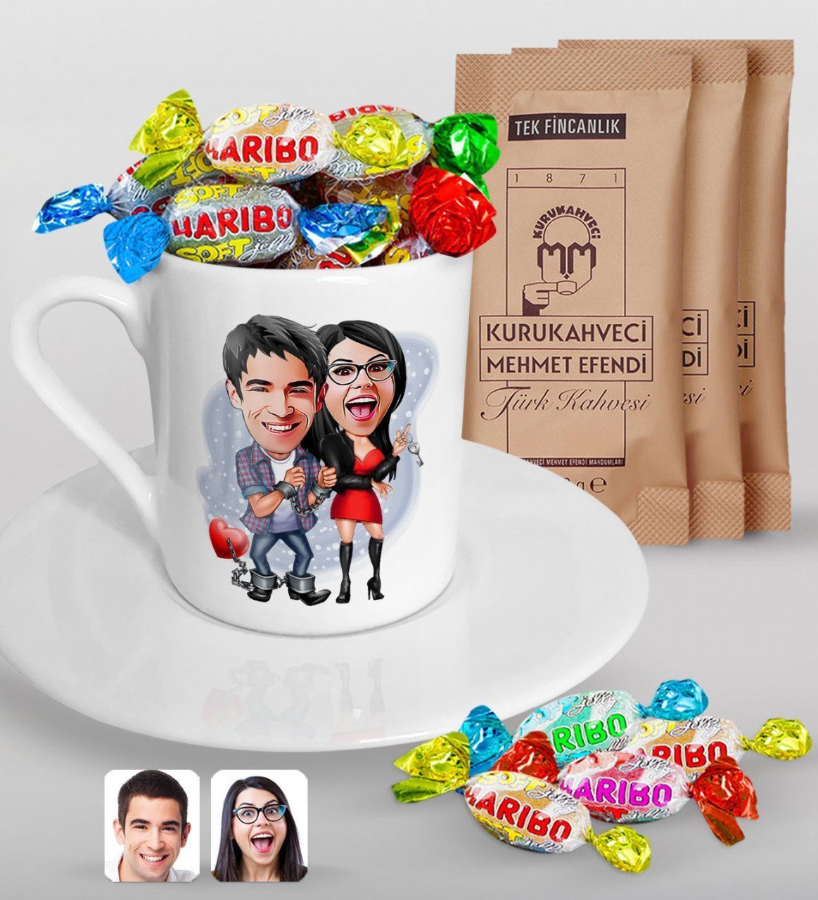 Kişiye Özel Sevgililer Karikatürlü Türk Kahvesi Fincanı Mehmet Efendi Kahve ve Haribo Şeker Hediye Seti-1