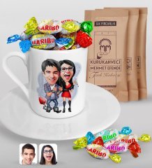 Kişiye Özel Sevgililer Karikatürlü Türk Kahvesi Fincanı Mehmet Efendi Kahve ve Haribo Şeker Hediye Seti-1