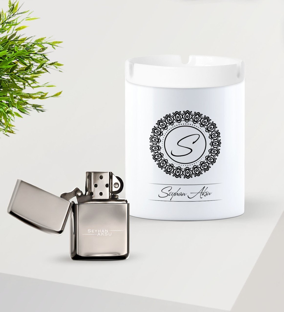 Kişiye Özel İsimli Silver Benzinli Metal Çakmak ve Seramik Kül Tablası Seti-2