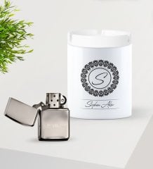 Kişiye Özel İsimli Silver Benzinli Metal Çakmak ve Seramik Kül Tablası Seti-2