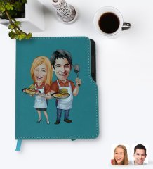 Kişiye Özel Sevgililer Karikatürlü Turkuaz Termo Deri Defter-57