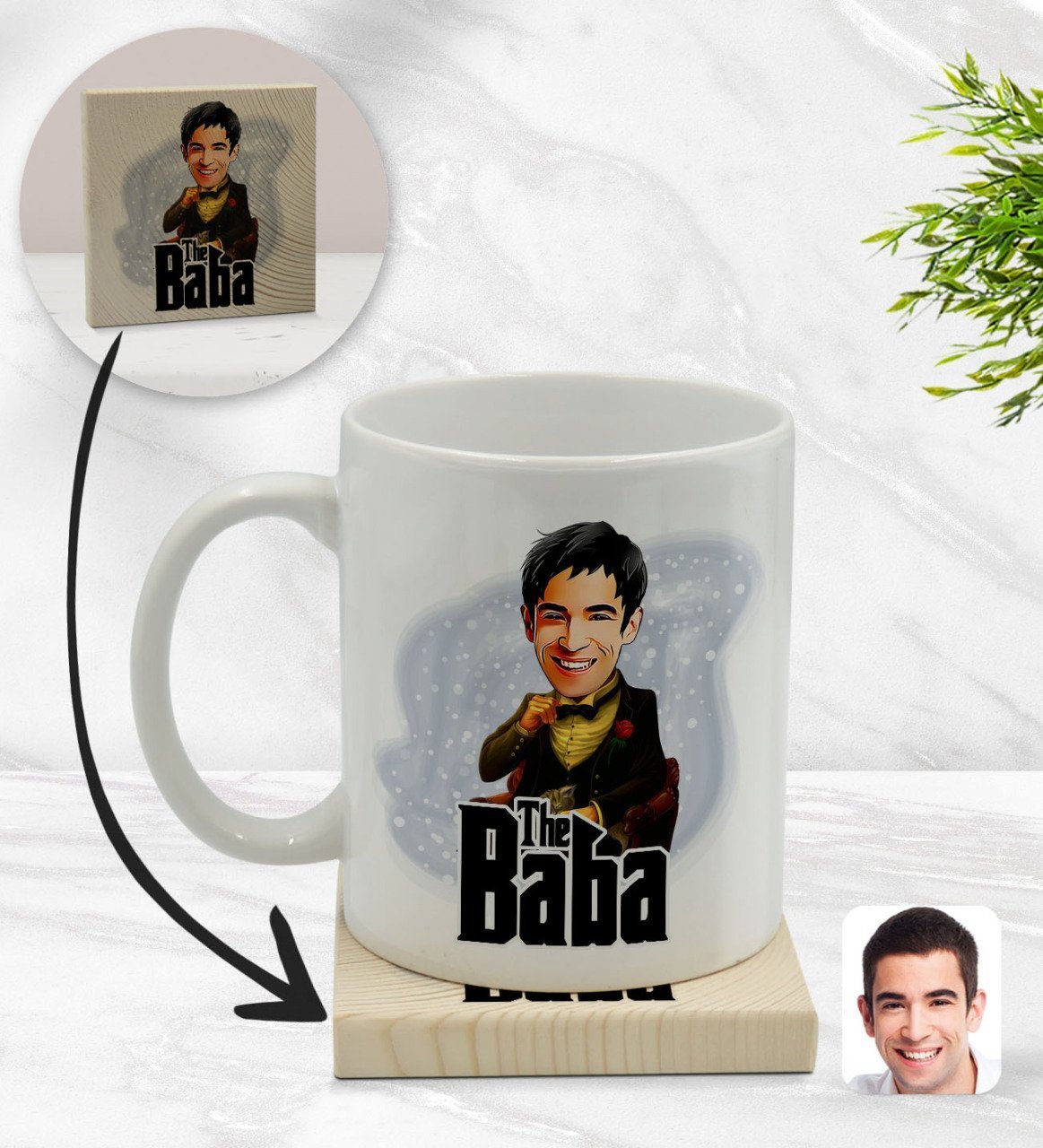 Kişiye Özel Baba Godfather Karikatürlü Beyaz Kupa Bardak ve Ahşap Bardak Altlığı Hediye Seti - Model 3