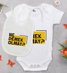 BK Kids Ne Demek Olmay Tasarımlı Beyaz Bebek Body Zıbın ve Mama Önlüğü Hediye Seti-1