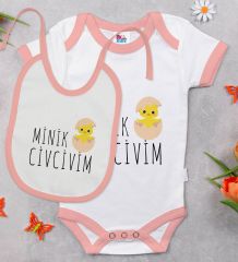 BK Kids Minik Civcivim Tasarımlı Pembe Bebek Body Zıbın ve Mama Önlüğü Hediye Seti-1