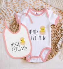 BK Kids Minik Civcivim Tasarımlı Pembe Bebek Body Zıbın ve Mama Önlüğü Hediye Seti-1