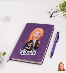 Kişiye Özel Kadın Avukat Karikatürlü Mor Termo Deri Defter Kalem Seti Model 1