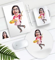 Kişiye Özel Bayan Ressam Karikatürlü Defter Kalem Kupa Mouse Pad Seti