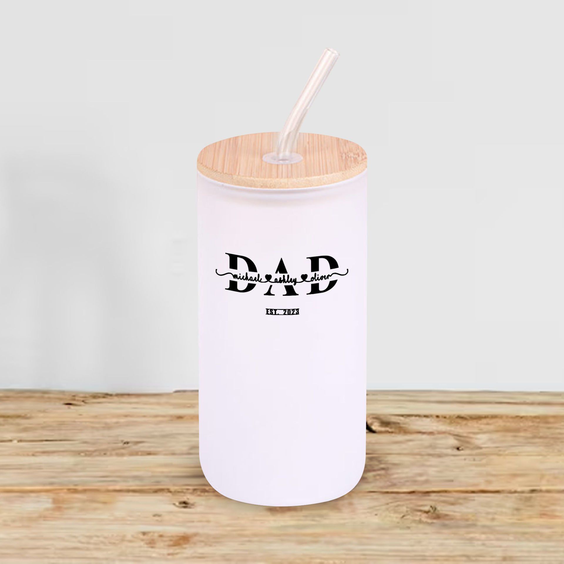 BK Gift İsimli Dad Tasarımlı Beyaz Renk Pipetli Buzlu Cam Bardak 600ml - 1, Babaya Hediye, Doğum Günü Hediyesi