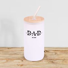 BK Gift İsimli Dad Tasarımlı Beyaz Renk Pipetli Buzlu Cam Bardak 600ml - 1, Babaya Hediye, Doğum Günü Hediyesi