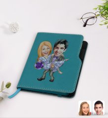Kişiye Özel Sevgililer Karikatürlü Turkuaz Termo Deri Defter-56