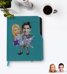 Kişiye Özel Sevgililer Karikatürlü Turkuaz Termo Deri Defter-56