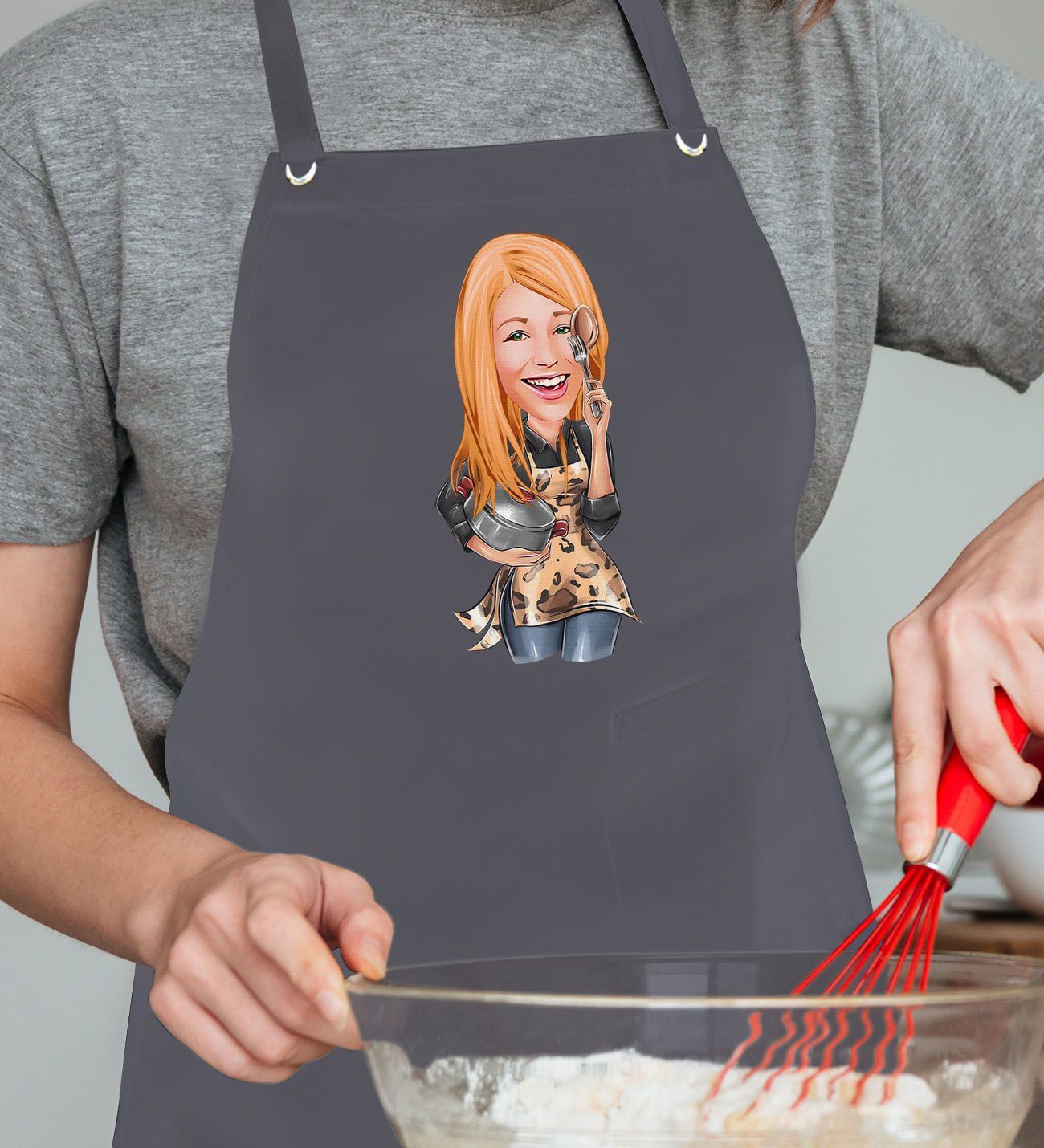 BK Gift Kişiye Özel Kadın Aşçı Karikatürlü Profesyonel Antrasit Mutfak Önlüğü, Aşçı Önlüğü, Şef Önlüğü, Arkadaşa Hediye-2