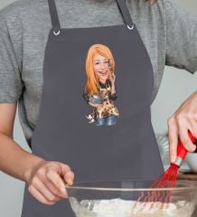 BK Gift Kişiye Özel Kadın Aşçı Karikatürlü Profesyonel Antrasit Mutfak Önlüğü, Aşçı Önlüğü, Şef Önlüğü, Arkadaşa Hediye-2
