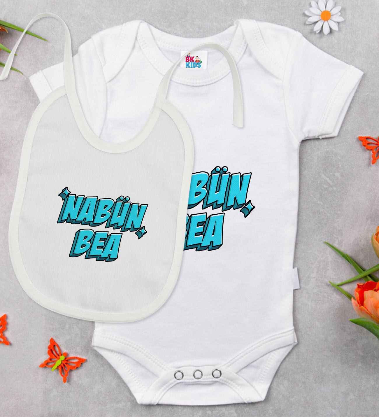 BK Kids Nabün Bea Tasarımlı Beyaz Bebek Body Zıbın ve Mama Önlüğü Hediye Seti-1
