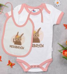 BK Kids Merabayın Tasarımlı Pembe Bebek Body Zıbın ve Mama Önlüğü Hediye Seti-1