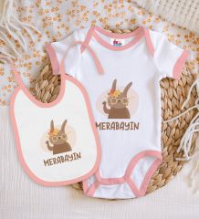 BK Kids Merabayın Tasarımlı Pembe Bebek Body Zıbın ve Mama Önlüğü Hediye Seti-1