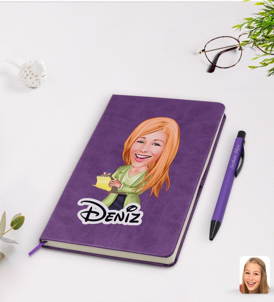 Kişiye Özel Kadın Asistan Karikatürlü Mor Termo Deri Defter Kalem Seti Model 2