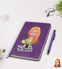 Kişiye Özel Kadın Asistan Karikatürlü Mor Termo Deri Defter Kalem Seti Model 2