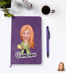 Kişiye Özel Kadın Asistan Karikatürlü Mor Termo Deri Defter Kalem Seti Model 2