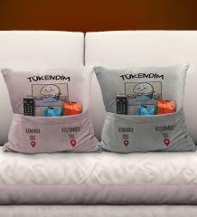 BK Gift Eğlenceli Tasarımlı 2'li Organizer Kumanda ve Atıştırmalık Cepli Pembe&Gri Kırlent Yastık- 9, Ev Dekoru, Ev Hediyesi